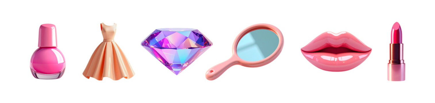 Set of purchases clipart elements such as the nail polish, dress, diamond, hand mirror, lips, lipstick isolated. 3d rendering. PNG transparent background