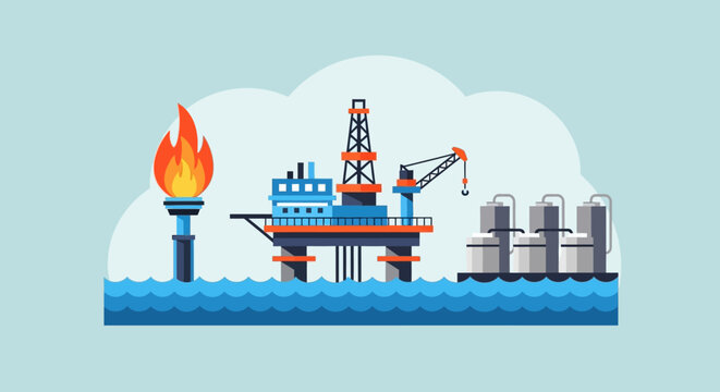 Illustration of an offshore oil rig with a flare burning gas.