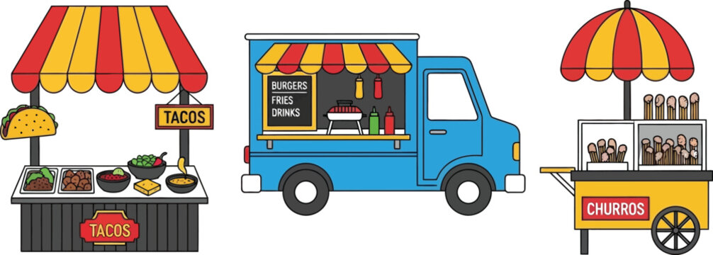 Illustration of a taco stand, a food truck, and a churro cart.