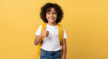 A happy and excited young student with curly hair is giving a thumbs up while wearing a backpack in front of a solid yellow background, full of joy.