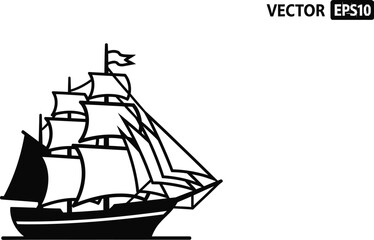 A black and white illustration of a sailing ship with full sails.
