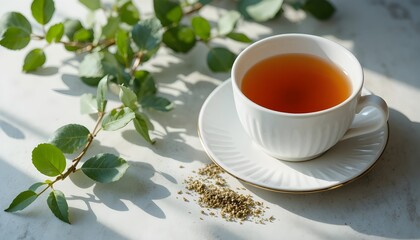 Cup of herbal tea beside eucalyptus leaves in soft light