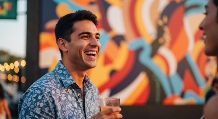 Handsome young man laughing while socializing with a friend at an outdoor event. Happy person enjoying a drink at a city festival. Urban lifestyle and social connection concept
