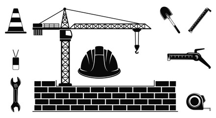 A collection of construction industry equipment and building materials is displayed.