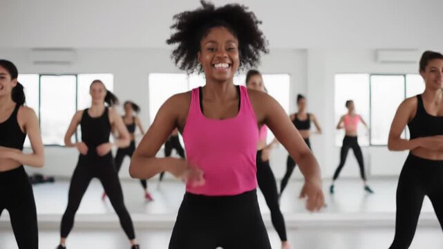 Happy female dance fitness instructor leading a lively workout session for a varied group of women in a well lit, contemporary fitness studio with mirrors