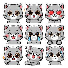A set of cute anime cats illustrations doing different activities with different expressions.Stickers or badges. British Shorthair