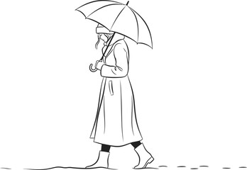 Woman walking in the rain with an umbrella in a minimalist line drawing style