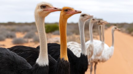 A gathering of ostriches is spotted in a bright enclosure, framed by lush trees and distant mountains under blue skies