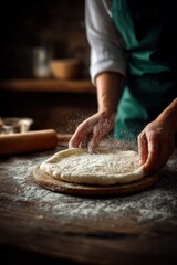 hands expertly stretch fresh pizza dough