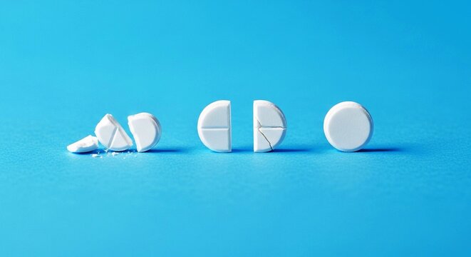 A sequence of white pills on a blue background, showing a whole pill, a pill split in half, and a crushed pill.