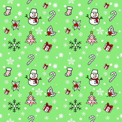 Christmas seamless vector pattern with holiday trees, decorations, balls, and snowflakes illustration.vector Xmas wallpapers, design for printing, Gift wrapping paper, card, picture books.