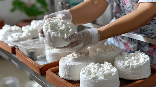 A skilled cheese maker shapes and examines handcrafted cheese rounds, showcasing dedication to quality in a bright workshop