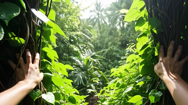 Hands touching vines in a lush green jungle environment, connecting with nature and enjoying 