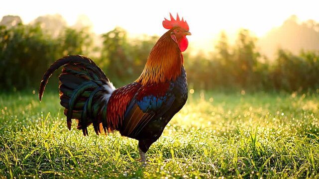 The stunning rooster perched on the dew covered grass is belting out its morning crow as the first light of dawn glistens on its vibrant feathers