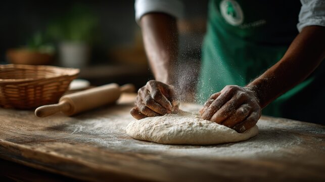 hands expertly stretch fresh pizza dough - Powered by Adobe
