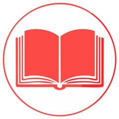 Open book icon in red circle, education, learning concept.