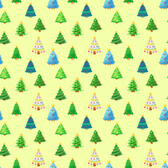 Bright Christmas Tree Seamless Pattern: Festive Holiday Repeating Background on Pale Yellow, Colorful Digital Paper Texture for Seasonal Design and Fabric Print