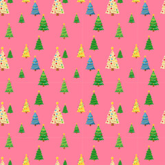Colorful Christmas Tree Seamless Pattern: Fun Holiday Repeating Background on Pink Backdrop, Cute Festive Digital Paper for Kids and Modern Design