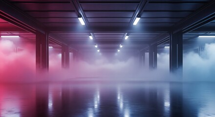 Modern empty warehouse interior with fog and dramatic lighting. Pink and blue neon lights create a moody atmosphere. Perfect for fashion shoots, music videos, or creative backgrounds.