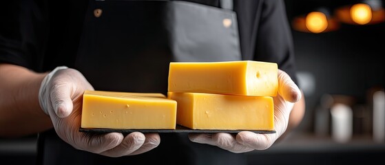 Many types of cheese are beautifully arranged on a wooden surface at a vibrant market, highlighting local dairy artistry and flavors