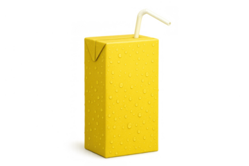 Yellow juice box with straw and water drops, refreshing beverage carton for kids, transparent background