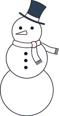 Cheerful snowman with a top hat and red scarf on a white winter background