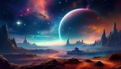 landscape of an another planet view of another planet with stars and nebulas science fiction cosmic background