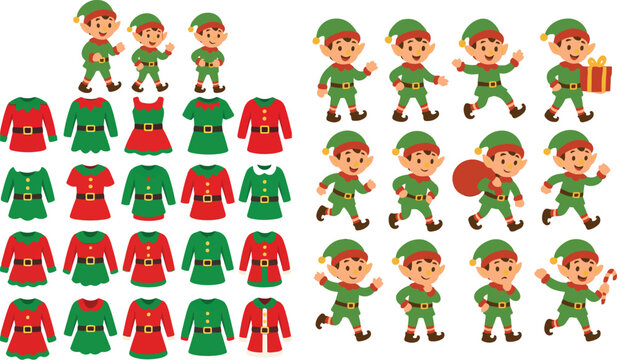 christmas elf character set with costumes and poses 