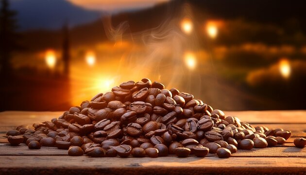 heap of roasted coffee beans on wooden table in warm cozy lighting