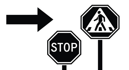 A large black arrow points to a stop sign and a pedestrian crossing sign.