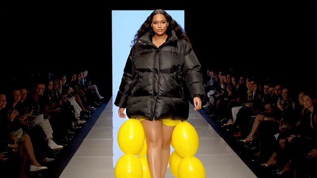 Innovative fashion show unveiling a fresh collection. A model struts down the runway in a sleek black puffy jacket, adorned with vibrant yellow balloons