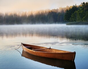 a wooden rowboat floats on a misty lake in the early morning