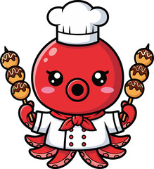 Kawaii Octopus Chef Mascot Holding Takoyaki Skewers