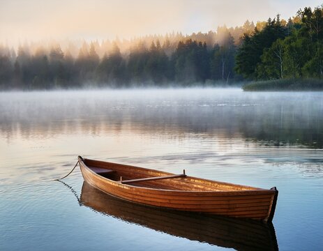 a wooden rowboat floats on a misty lake in the early morning