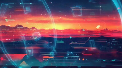 Futuristic digital landscape with sunset data overlay - Powered by Adobe