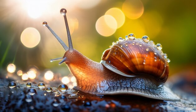 a snail with water droplets on its shell in a macro closeup - Powered by Adobe