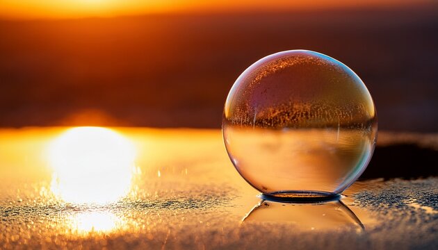 closeup of a delicate soap bubble on a surface at golden hour