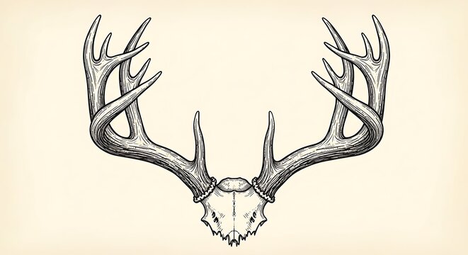 Detailed illustration of deer antlers with a skull base, presented in a vintage sketch style