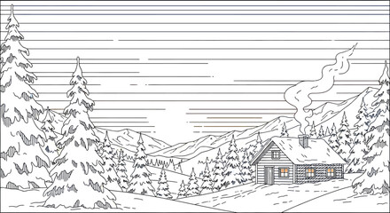 Obraz premium Cozy cabin in a snowy winter landscape at sunset with smoke rising from chimney