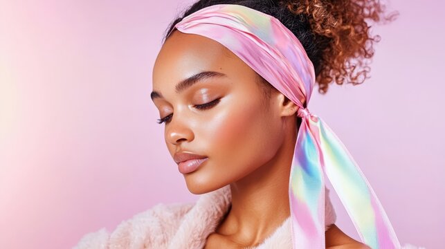 Young woman with curly hair wearing a pastel-colored headscarf poses gracefully against a soft pink background, showcasing beauty and elegance in a serene moment of self-expression