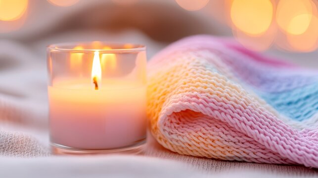 Softly glowing candle sits beside a cozy pastel knitted blanket, creating a warm and inviting atmosphere perfect for relaxation and comfort during chilly evenings