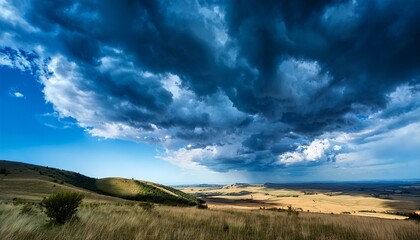 blue swirling clouds in dramatic sky above landscape