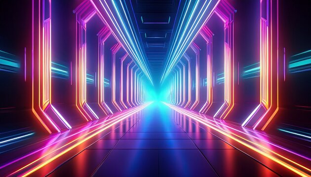 neon laser lights converging in a futuristic corridor