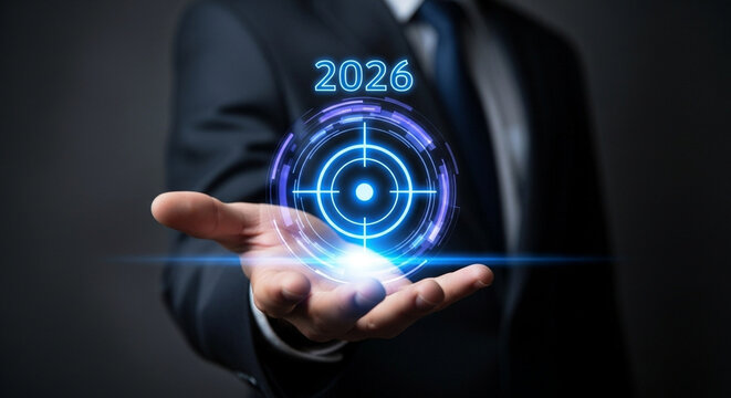 Businessman holding a glowing holographic interface with a target symbol, representing business goals and strategic planning for the year 2026