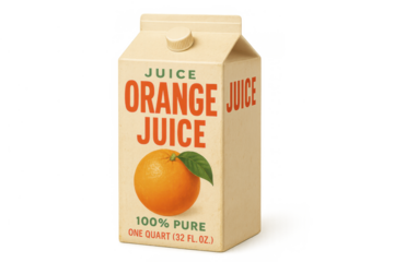 Vintage orange juice carton with retro design and fresh fruit illustration on transparent background