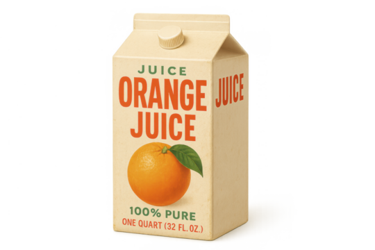 Vintage orange juice carton with retro design and fresh fruit illustration on transparent background