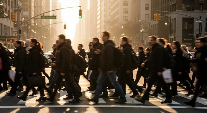 Crowd of people walking on a city crosswalk during rush hour. Motion blur of commuters in the golden sunset light. Urban lifestyle in a metropolis - Powered by Adobe