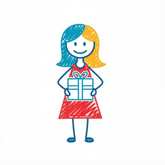 Girl holding a gift box with a smile in a colorful doodle style  