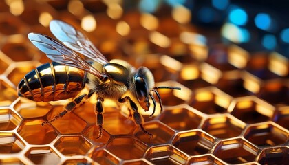 closeup of a golden crystal bee on a honeycomb pattern