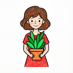 Young woman holding potted plant and smiling in a colorful drawing  